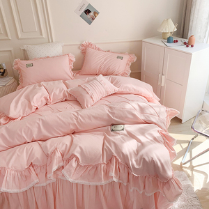 纯色床上用品纯棉四件套全棉公主风荷叶边被套床裙式夏季裸睡床品