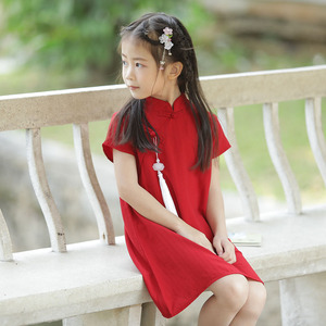 女童旗袍夏季儿童中国风亲子装唐装红色连衣裙中式汉服裙子民国风