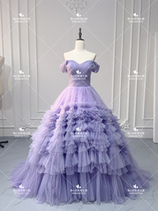 婚纱礼服彩纱新款复古蛋糕裙新娘主持人艺考影楼拍照摄影写真紫色