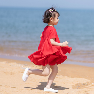小乐往原创亲子装5夏 海边度假拍照女童大红色短袖连衣裙荷叶母女