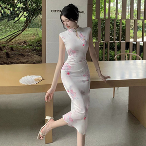 新中式改良旗袍国风印花连衣裙女夏年轻款显身材性感紧身包臀长裙