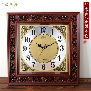 中式实木客厅钟表复古中国风大号挂钟正方形现代创意丽声石英时钟