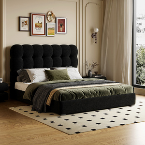 法式复古布艺床现代简约大户型主卧室高靠背双人泡芙床黑色绒布床