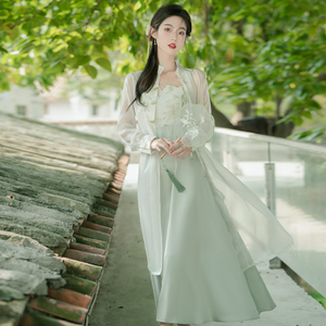 新中式旗袍清冷感国风茶服仙气禅意日常汉元素吊带连衣裙穿搭套装