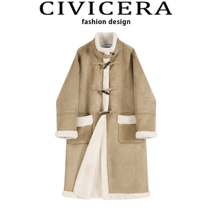 CIVICERA高级感皮毛一体大衣女冬季加绒加厚牛角扣鹿皮绒外套长款