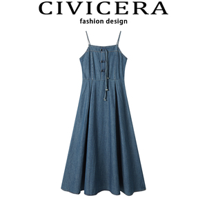 CIVICERA夏季新款法式吊带牛仔连衣裙女小众设计显瘦大伞群长裙子