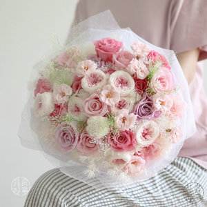 日本进口永生奥斯汀玫瑰蔷薇知风草花束瓶花森系自然风生日送花