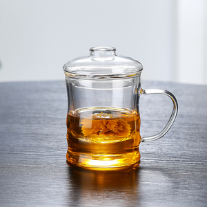 透明玻璃泡茶杯竹节茶水分离三件套耐热加厚过滤玻璃杯办公杯茶具