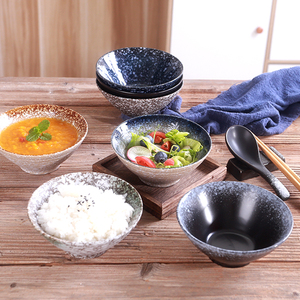 日式复古风陶瓷圆形饭碗釉下彩5寸拉面碗粗陶仿古水果沙拉碗餐具