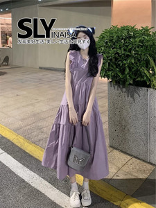 日本代购紫色小飞袖温柔风连衣裙夏季女法式气质显瘦高级感长裙子