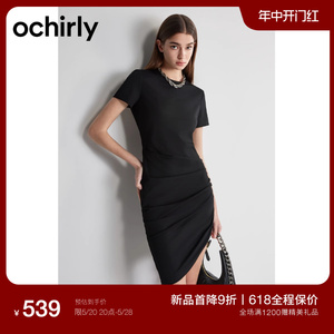 【618首降】抽褶短袖连衣裙欧时力24新款夏装修身透气显瘦小黑裙