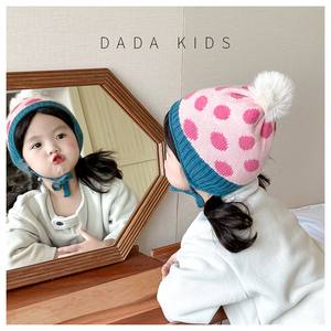 宝宝帽子秋冬毛线套头帽ins韩国婴幼儿童可爱毛球波点针织护耳帽