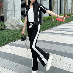 韩版短袖运动套装女2024搭配一整套撞色休闲卫衣微喇叭裤三件套潮
