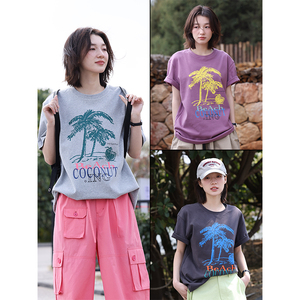 鹿与飞鸟“夏日沙滩”度假风经典圆领短袖字母印花T恤4954