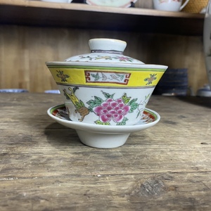 景德镇文革厂货瓷器早期广彩纯手工手绘三多盖碗茶具全品相