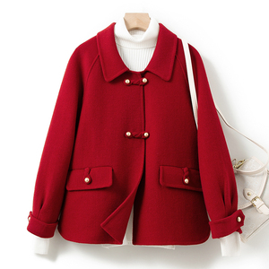 红色2023新款高端毛呢减龄大衣双面羊绒女小个子短款气质羊毛外套