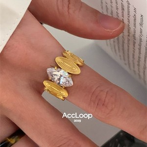 accloop 大颗椭圆钻开口戒指超闪锆石拉丝高级感钛钢镀18K金指环