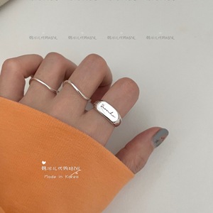 韩国代购925纯银刻字情侣戒指 小众设计款长牌镜面英文字母戒指
