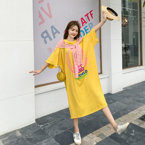 韩版2019夏季新款宽松大码超长T恤裙印花过膝短袖假两件连衣裙女