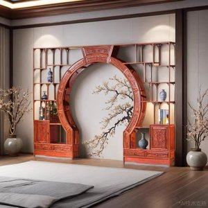 中式红木仿古月洞门隔断客厅圆拱门博古架实木弧形月亮门榆木展柜