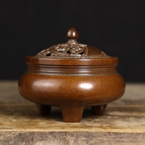 复古包浆纯铜三足鼎铜香炉带盖镂空香薰炉铜制品老铜器摆件老物件