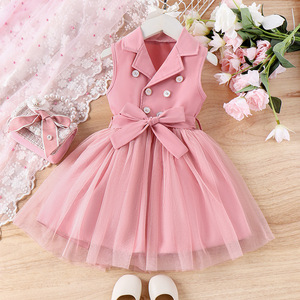 欧美外贸女童4-7岁春夏季粉红色无袖西装连衣裙儿童网纱裙公主裙