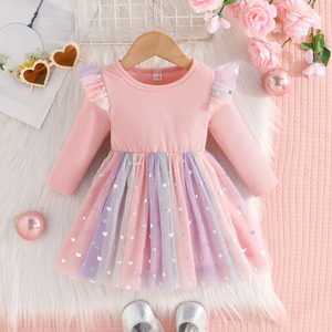 2024春季新款洋气女婴童粉红色长袖坑条网纱连衣裙飞袖甜美A字裙
