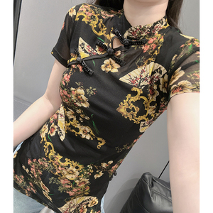 新中式改良旗袍盘扣短袖t恤女复古中长款开叉微透蕾丝半袖上衣潮