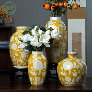 趣宅复古风六边黄色釉陶瓷花瓶家居摆件家装饰品创意高级感可水培
