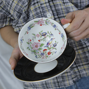 韩式下午茶杯高级骨瓷咖啡拉花杯轻奢陶瓷礼品杯碟勺金丝雀鸟图案