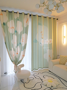 北欧韩式抹茶绿花朵客厅少女卧室儿童房女孩棉麻窗帘遮光布免打孔
