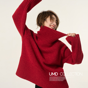 UMD/唯美微醺红·重磅羊毛·双旦新年高级慵懒宽松高领针织毛衣女
