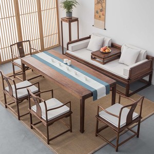 现代新中式实木老榆木茶桌黑胡桃木罗汉床茶桌椅组合茶室沙发茶台