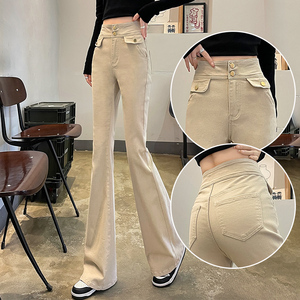 女士微喇叭裤夏季高腰杏色牛仔裤2024新款时尚小个子卡其色喇叭裤