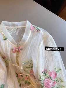 新中式国风玫瑰刺绣拼接蕾丝衬衫夏季女2024复古雪纺立领长袖衬衣