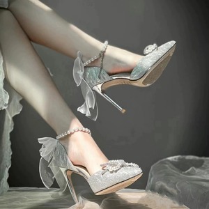 银色高跟鞋女细跟2024年春夏新款18岁成人礼公主水晶蝴蝶结伴娘鞋
