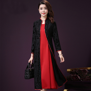 韩版女装春夏装新款时尚套装修身复古长裙女两件套旗袍连衣裙气质