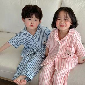 男童女童睡衣儿童韩系卡通透气空调服男孩夏季薄款条纹家居服套装