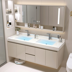 奶油风岩板无缝陶瓷一体双盆浴室柜组合实木卫生间洗手洗脸台盆柜