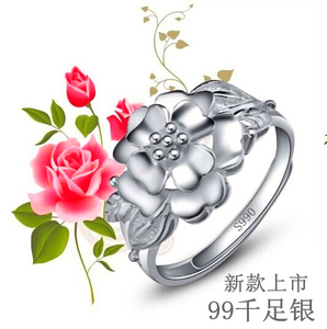 纯银首饰品足银镂空开口女戒指s990时尚流行礼物牡丹花玫瑰花