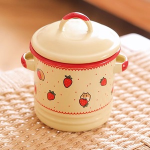 老麦杂货铺 日式田园可爱草莓搪瓷双耳猪油罐零食储存罐小炖盅