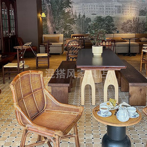 混搭咖啡厅桌椅组合美式奶茶店法式甜品店日式餐厅藤编茶几实木椅