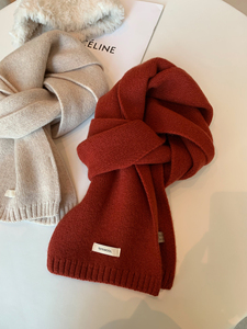 100%纯羊毛针织围巾女情侣款百搭纯色高品质红色氛围感保暖围巾冬