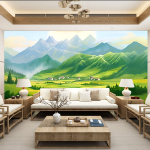 现代简约电视背景墙壁纸绿水青山装饰壁画客厅沙发田园风墙纸壁布
