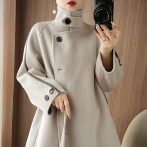 高端法式双面羊绒大衣女中长款宽松韩版气质立领100%纯羊毛呢外套