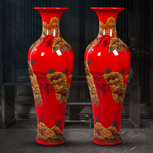 景德镇陶瓷器中国红落地大花瓶手绘山水画葫芦瓷瓶客厅装饰摆件