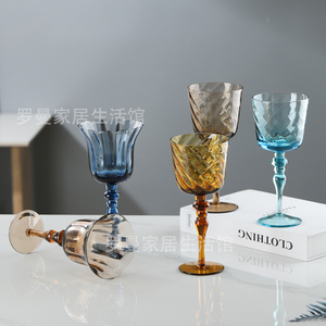 法式高脚杯彩色甜酒杯罗马柱葡萄酒杯水晶玻璃蓝色酒具酒柜装饰杯