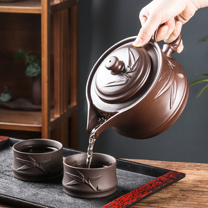 宜兴紫砂壶功夫茶具大号竹叶壶泡茶器家用中式大容量茶壶茶杯套装