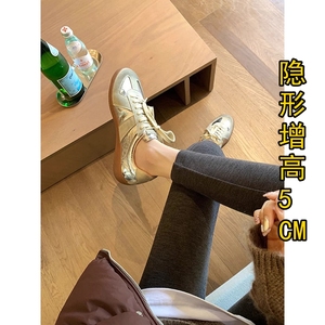 银色德训鞋女款真皮复古内增高厚底系带休闲鞋板鞋小码女鞋313233