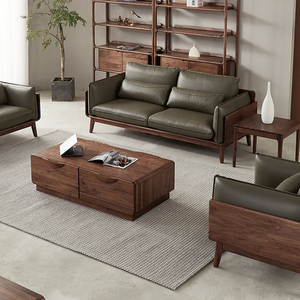 北欧意式轻奢实木沙发家用客厅现代简约北美黑胡桃木真皮沙发组合